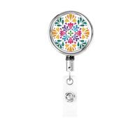 Enrouleur de badge rétractable en métal, motif fleur mexicaine minimaliste de dessin animé, simple porte-badge rotatif pour carte d'identité, porte-clés, pour infirmière, médecin, enseignant, bureau