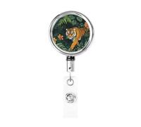 Enrouleur de badge rétractable en métal, motif fleurs tropicales, grand tigre, porte-badge rotatif à suspendre pour carte d'identité, porte-clés, pour infirmière, médecin, enseignant, bureau