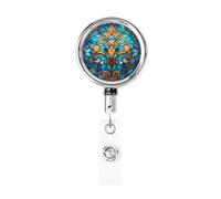 Enrouleur de badge rétractable en métal - Motif floral géométrique complexe - Bleu cyan - Porte-badge rotatif à suspendre pour infirmière, médecin, enseignant, bureau