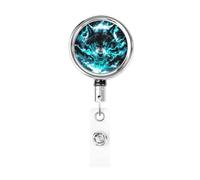 Enrouleur de badge rétractable en métal, motif loup de feu bleu avec yeux brillants, porte-badge rotatif pour carte d'identité, porte-clé pour infirmière, médecin, enseignant, bureau