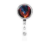 Enrouleur de badge rétractable en métal, motif loup rouge et bleu sur le feu, porte-badge rotatif à suspendre pour carte d'identité, porte-clé pour infirmière, médecin, enseignant, bureau