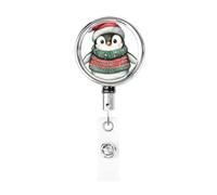Enrouleur de badge rétractable en métal - Motif pingouin mignon avec pull de Noël rouge et vert - Porte-badge rotatif à suspendre pour infirmière, médecin, enseignant, bureau