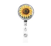 Enrouleur de badge rétractable en métal, motif tournesol aquarelle sur fond noir et blanc, porte-badge rotatif pour carte d'identité, porte-clé pour infirmière, médecin, enseignant, bureau
