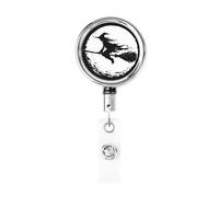 Enrouleur de badge rétractable en métal, pleine lune une sorcière volant sur un balai, porte-badge rotatif à suspendre pour infirmière, médecin, enseignant, bureau