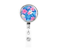 Enrouleur de badge rétractable en métal, rose et bleu foncé, motif fleurs d'hibiscus en palmier, porte-badge rotatif à suspendre pour carte d'identité, porte-clés, pour infirmière, médecin, enseignant