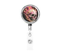 Enrouleur de badge rétractable en métal, tête de mort blanche avec flammes roses et jaunes, porte-badge rotatif pour carte d'identité, porte-clés, pour infirmière, médecin, enseignant, bureau