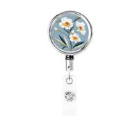 Enrouleur de badge rétractable en métal, trois fleurs blanches, porte-badge rotatif à suspendre pour carte d'identité, porte-clés, pour infirmière, médecin, enseignant, bureau