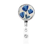 Enrouleur de badge rétractable en métal, trois fleurs bleues plates, porte-badge, porte-badge rotatif, porte-clés pour infirmière, médecin, enseignant, bureau