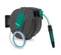 VONROC Enrouleur de tuyau automatique - Tuyau de 15m, buse, raccord et connecteur incl.