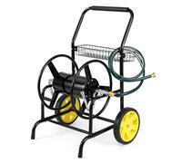 Enrouleur de tuyau d'arrosage en métal avec roulettes - Chariot roulant pour un rangement facile du tuyau, poignée rembourrée, parfait pour la pelouse et l'extérieur (argenté)