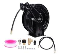 Enrouleur de tuyau de nettoyeur haute pression rétractable en acier robuste avec tuyau de 15 m, 4000 psi, design à double bras, verrouillage à cliquet à 8 positions, raccords en laiton massif
