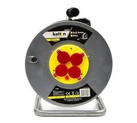 Enrouleur électrique 4 prises 16 A IP20 câble H05VV-F 3G 2,5 mm² 50 m | Puissance maximale : 1000 W câble enroulé ou 2500 W déroulé. Prises type F avec terre, clapets et poignée antidérapante.
