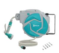 Enrouleur tuyau arrosage - dévidoir - DURHAND - mural, automatique, 10 + 1 m, pivotant 180°, 7 modes - plastique - 28x14x34cm - vert