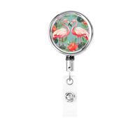 Enrouleurs de badge en métal rétractables avec motif flamant rose et fleurs d'amour - Porte-nom - Clips pour employés de bureau, médecin, infirmière, avec clip de ceinture
