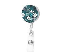 Enrouleurs de badge rétractables à motif floral gris sarcelle et blanc avec clip - Porte-badge mignon pour carte d'identité, porte-étiquette - Clips pour homme et femme