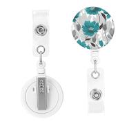 Enrouleurs de badge rétractables à motif floral gris sarcelle et blanc avec pince crocodile pour homme et femme - À suspendre - Pour employés de bureau