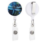 Enrouleurs de badge rétractables avec clip et porte-clés - Joli porte-badge décoratif pour infirmière - Pour employés de bureau, médecin, art libellule bleue