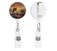 Enrouleurs de badge rétractables avec clip et porte-clés - Joli porte-badge décoratif pour infirmière, personnel de bureau, médecin, dauphins sautant hors de l'eau au coucher du soleil