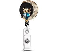 Enrouleurs de badge rétractables en forme de chouette en cristal noir avec strass pour badge d'identification avec pinces crocodiles pivotantes, indices et timbres pour badge d'identification pour