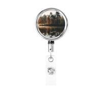Enrouleurs de badges en métal rétractables avec clip de ceinture - Porte-badge motif arbres sur un lac - Porte-nom - Clips pour employés de bureau, médecins, infirmières
