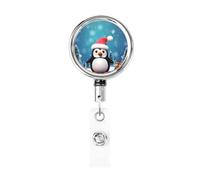 Enrouleurs de badges en métal rétractables en forme de pingouin de Noël - Porte-nom - Porte-nom - Clips pour employés de bureau, médecins, infirmières, avec clip de ceinture et porte-clés