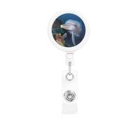 Enrouleurs de badges rétractables en forme de dauphin sur corail - Porte-nom - Porte-nom - Pour employés de bureau, médecin, infirmière, porte-badge avec clip de ceinture et porte-clés