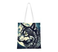 ENRPTY Sac fourre-tout réutilisable en toile avec imprimé loup et lune pour un usage quotidien, shopping, voyage, noir, taille unique