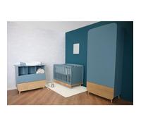 Ens. lit bébé 70 x 140 Kit évolutif, commode 2 tiroirs 3, niches et 1 plan à langer, 1 armoire - FIRMIANA - Bleu / bois - DEMEYERE
