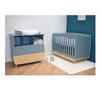 Ens. lit bébé 70 x 140 Kit évolutif, commode 2 tiroirs, 3 niches et 1 plan à langer - FIRMIANA - Scandinave - Bleu / bois -