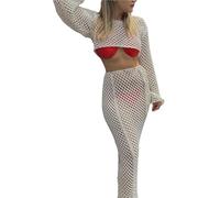 ENSDIEPLS Blouse de plage portefeuille, Ensemble de couverture de bikini en tricot à épaules dénudées avec jupe longue for piscine de plage, blanc vert, SML(L)
