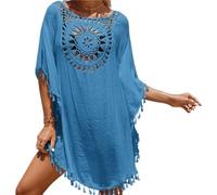 ENSDIEPLS Blouse de plage portefeuille, Femmes ample gland évider solide Bikini couvrir multicolore(Blue)