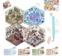 enseak 4 Set DIY 3D House Stickers,3D House Sticker Set,Sticker 3D House for Kids,3D Sticker Scenes Book,Fun DIY Stickers Scene Make Your Own Supermarket/Coffee Shop/Restaurant/Bookstore Adult Kids