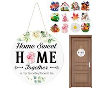 Enseigne de Bienvenue à Pictogrammes Interchangeables,Décoration de Fête en Bois de Forme Circulaire avec 12 Icônes,Décoration de Porte avec Pancarte de Bienvenue - pour Entrée Mur Porche Fête de Mais