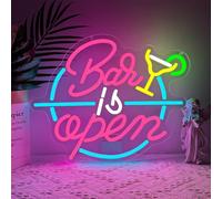 Enseigne Lumineuse Bar,Bar is Open Neon Mural Decoration pour Bar Club Party Boutique Pub Restaurant,Cocktail Coloré Dimmable Eclairage LED Cadeau pour Madame Monsieur Alimenté par USB (13"*12.7")