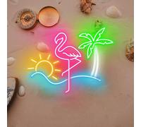 Enseigne Lumineuse d'été à Intensité Variable LED Acrylique Rose Flamant rose palmier vert néon décoration lumineuse lumière néon personnalisée pour chambre de fille, mer, hôtel, plage, fête au bord
