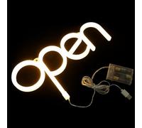 Enseigne Lumineuse LED Ouvert pour Commerce, Lumière Chaude USB | PVC Blanc, pour Vitrine et Comptoir, Alimentation USB ou 3 Piles Aa, Pose Murale Table
