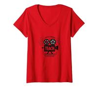 Enseignement de la caméra Lumineuse : Cadeau éducateur inspiré d'Hollywood T-Shirt avec Col en V, Femme, Rouge, XXL