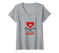 Enseigner avec Le cœur Professeur inspirant, Enseignant T-Shirt avec Col en V, Femme, Gris Chiné, S