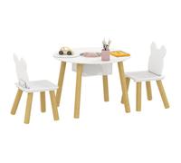 Ensemble 1 table ronde, 2 chaises pour enfant 3 pièces, dossier en forme d'ours, activités, bricolage, repas, 3-6 ans, Blanc