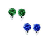 Ensemble 2 Boucles D'Oreilles À Clip En Laiton Plaqué Argent Avec Des Pierres Précieuses Simulées De Coupe Brillante 2CT Émeraude Verte Et Saphir Bleu En Zircone Cubique Ronde Solitaire Sans Perçage