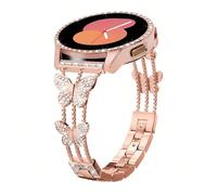 Ensemble 2-en-1 : 1) Étui de protection d'écran en cristal serti, plaqué or rose, compatible avec Galaxy Watch 3/4/5/6 série 40 mm/44 mm/45 mm ; 2) Bracelet en métal ajustable en forme de papillon, se