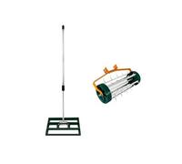 Ensemble 2-en-1 Scarificateur et Niveleur de Pelouse - Vert, Acier Galvanisé, Manche de 190 cm