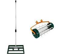 Ensemble 2-en-1 Scarificateur et Niveleur de Pelouse - Vert, Acier Galvanisé, Manche de 190 cm