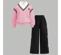 Ensemble 2 en 1 sweat-shirt décontracté et pantalon de jogging ample pour fille préadolescente, style quotidien et scolaire, printemps/automne 8Y,9Y,10Y,11Y,12YRayéPolyester