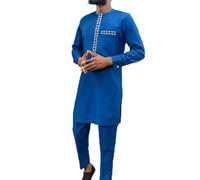Ensemble 2 Pièces Africain pour Homme Costume Traditionnel Dashiki Chemise Brodée Et Pantalon Uni(Blue,XXL)