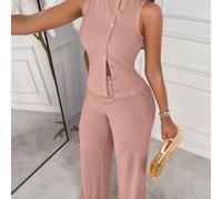 Ensemble 2 pièces Amarilo, Top sans manches rayé et pantalon droit. Tenue d'affaires élégante et décontractée, dernier ensemble printemps/été pour femmes, couleur rose L,M,S,XL,XSNoëlTissu tricoté