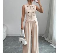 Ensemble 2 pièces Automne/Hiver Gilet à boutons Napoléon et fermeture éclair avec pantalon long plissé, beige, style bureau, décontracté élégant, pour la Fête des enseignants L,M,S,XLUnicoloreTissu ti