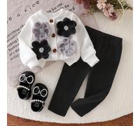 Ensemble 2 pièces automne pour bébé fille, cardigan sweatshirt à boutons devant avec décor floral 3D, hauts à manches longues et pantalon à taille élastique, vêtements d'automne 6-9M,9-12M,12-18M,18-2