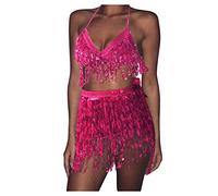 Ensemble 2 pièces avec Jupe à Franges à Paillettes pour Femme - Tenue de Danse du Ventre réglable à Lacets dans Le Dos - Écharpe de Hanche pour Carnaval, Festival, fête, Performance sur scène