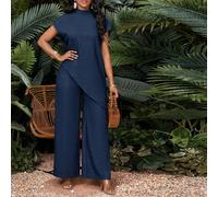 Ensemble 2 pièces avec Top texturé à col montant et manches courtes et bas asymétrique, couleur unie, grande taille 0XL,1XL,2XL,3XL,4XLUnicoloreTissu tissé